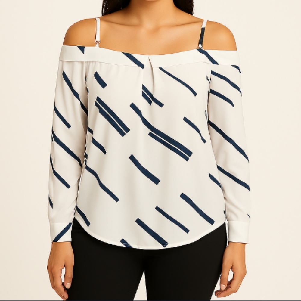 Mine White & Black Off The Shoulder Long Sleeved Lightweight Blouse Top Medium